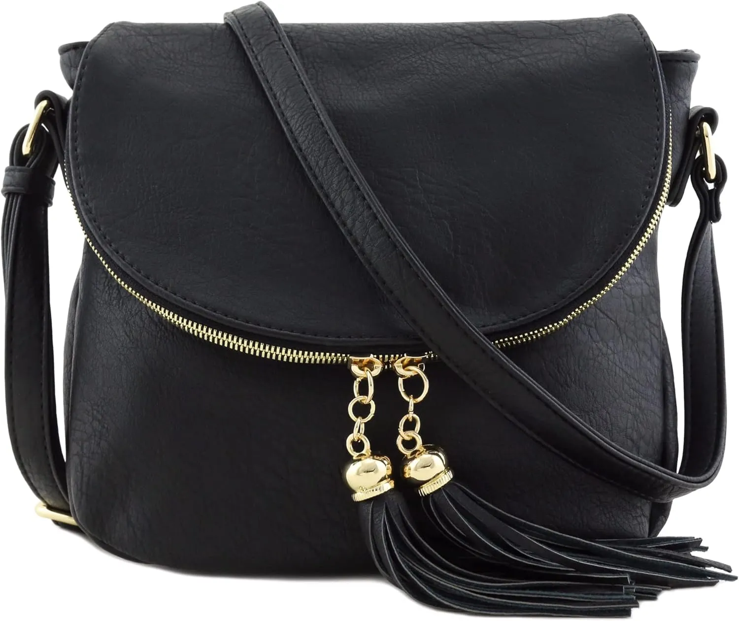 Tassel Accent Crossbody Bag with Flap Top (Black)