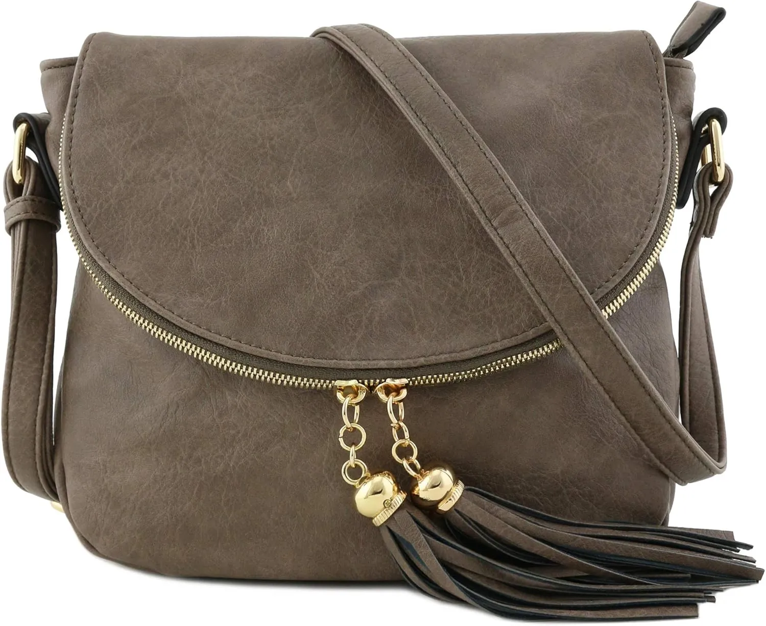 Tassel Accent Crossbody Bag with Flap Top (Taupe)
