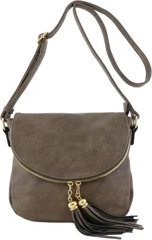 Tassel Accent Crossbody Bag with Flap Top (Taupe)