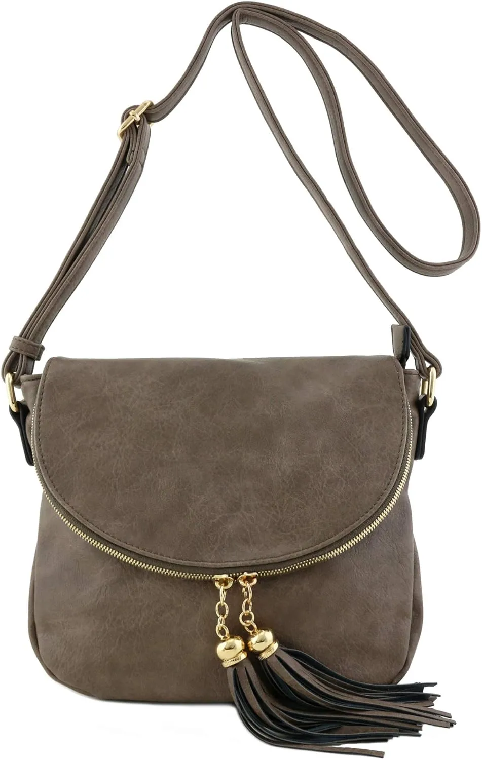 Tassel Accent Crossbody Bag with Flap Top (Taupe)