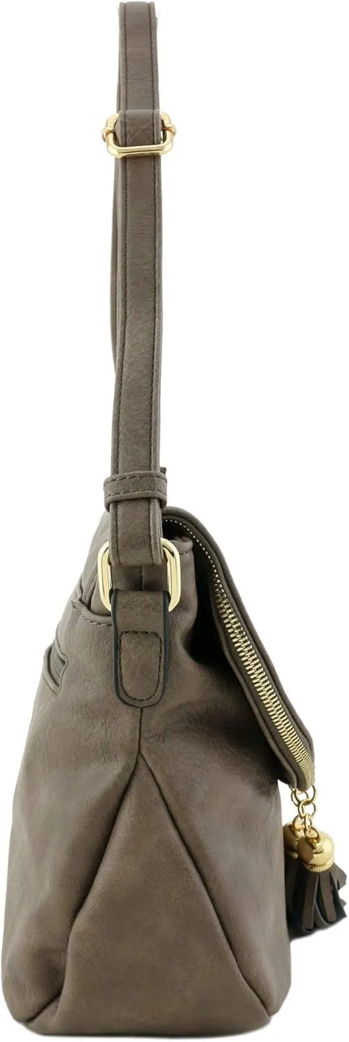 Tassel Accent Crossbody Bag with Flap Top (Taupe)