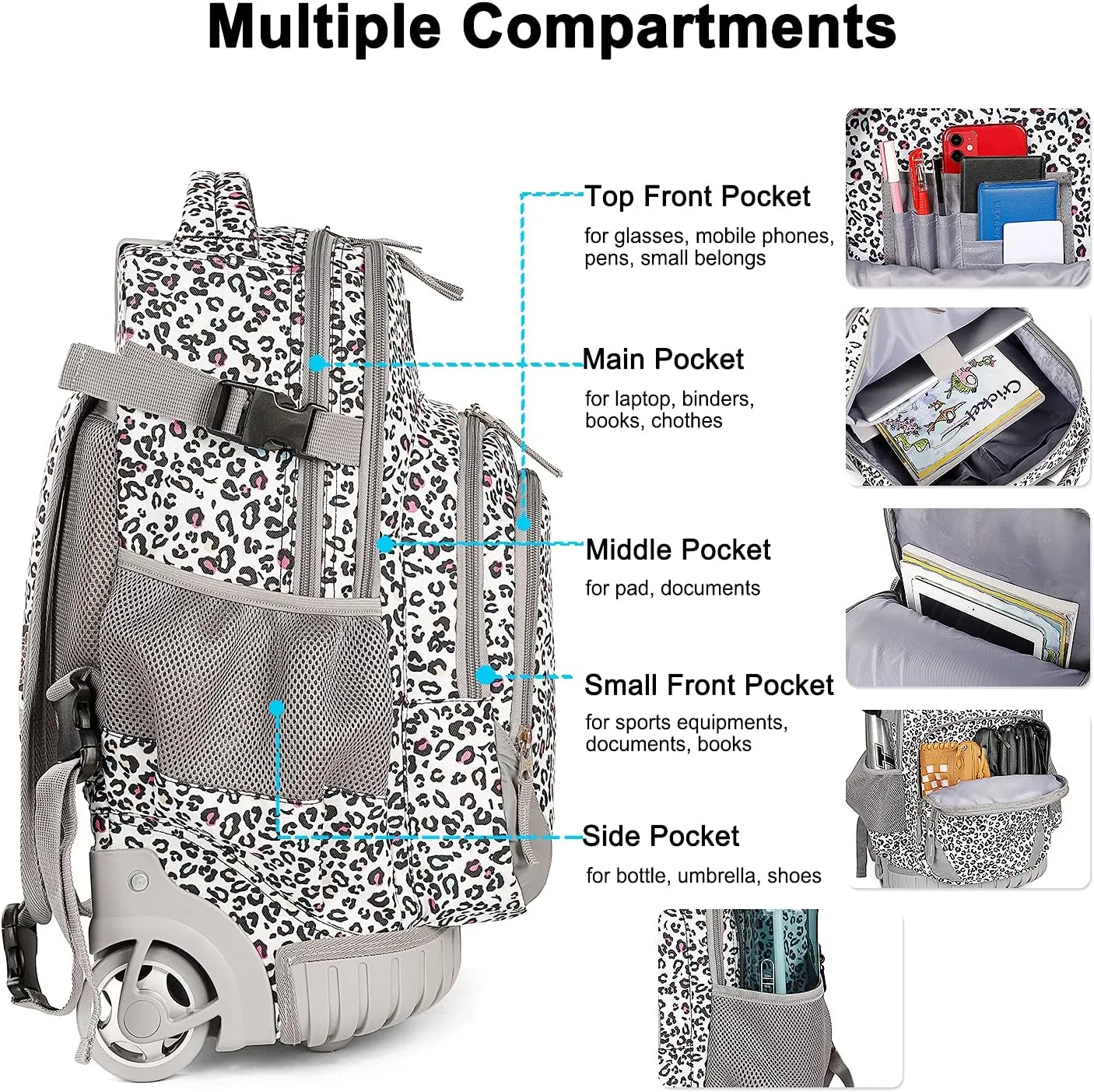 Tilami Rolling Backpack Armor Luggage School Travel Book Laptop 18 Inch Multifunction Wheeled Backpack Students, Leopard