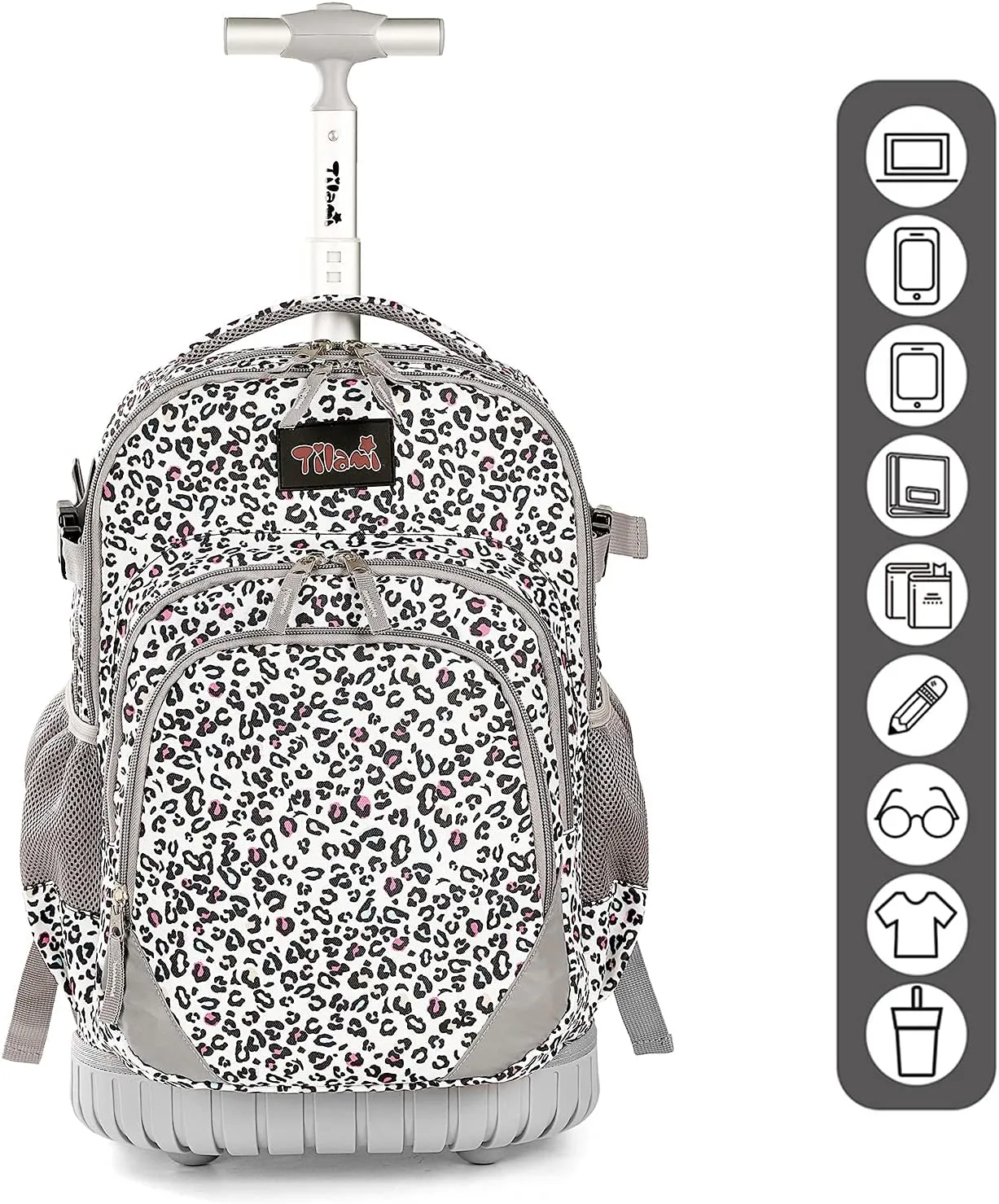 Tilami Rolling Backpack Armor Luggage School Travel Book Laptop 18 Inch Multifunction Wheeled Backpack Students, Leopard