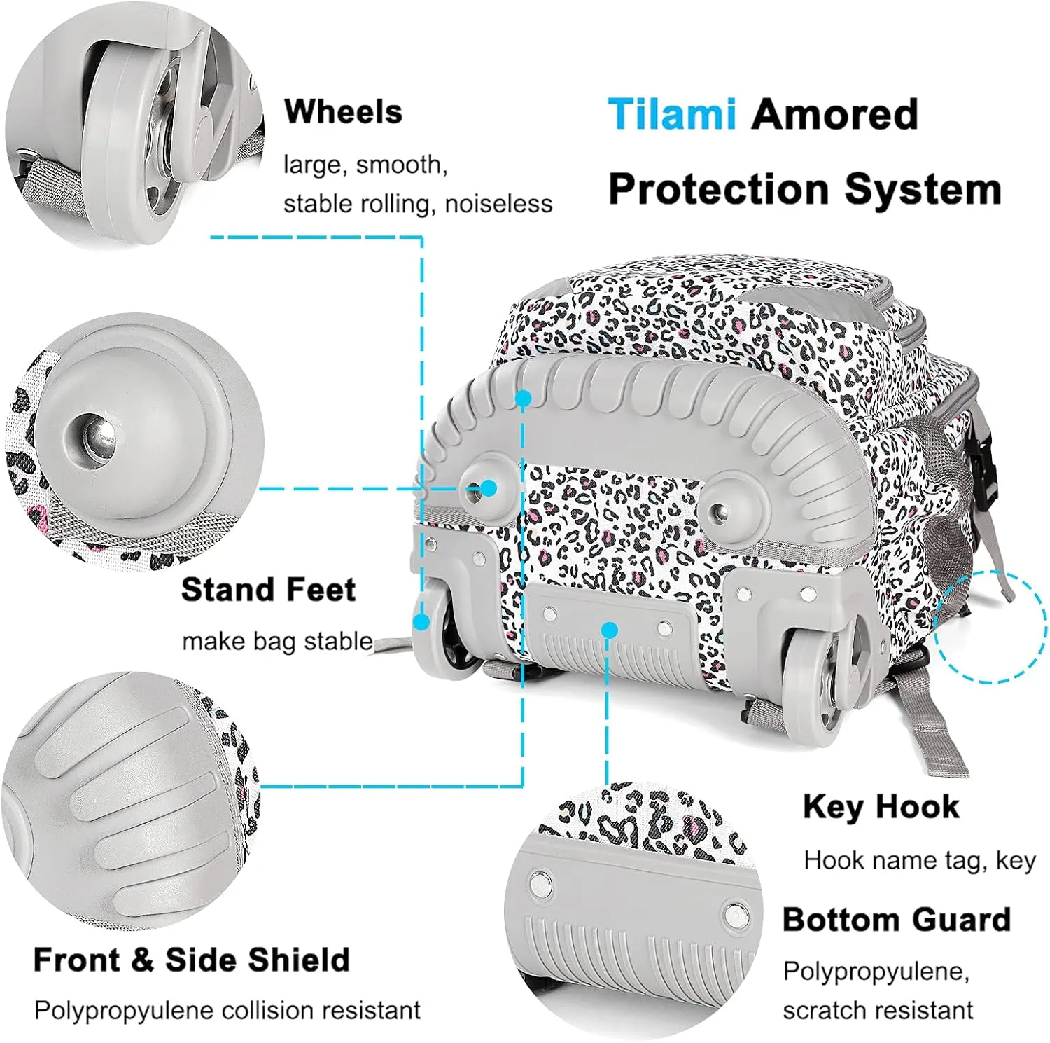 Tilami Rolling Backpack Armor Luggage School Travel Book Laptop 18 Inch Multifunction Wheeled Backpack Students, Leopard