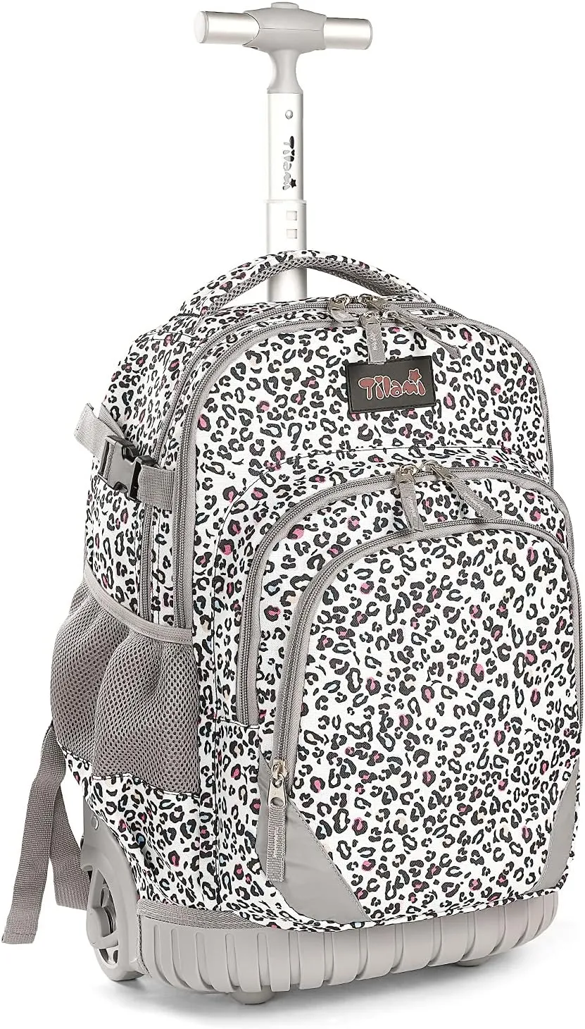 Tilami Rolling Backpack Armor Luggage School Travel Book Laptop 18 Inch Multifunction Wheeled Backpack Students, Leopard