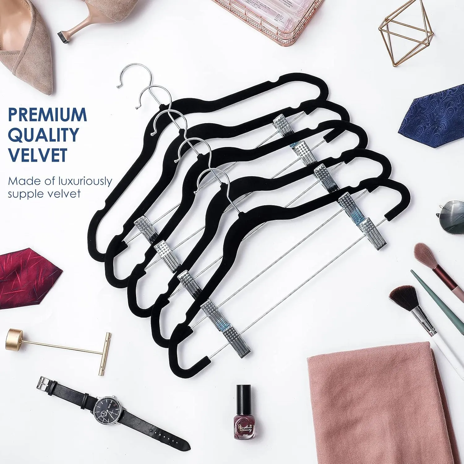 TIMMY Premium Black Velvet Hangers with Clips - 30 Pack Closet Organizers for Jeans, Trousers, Skirts | Rust-Resistant Metal Hooks, Space Saving Design for Wardrobe Storage