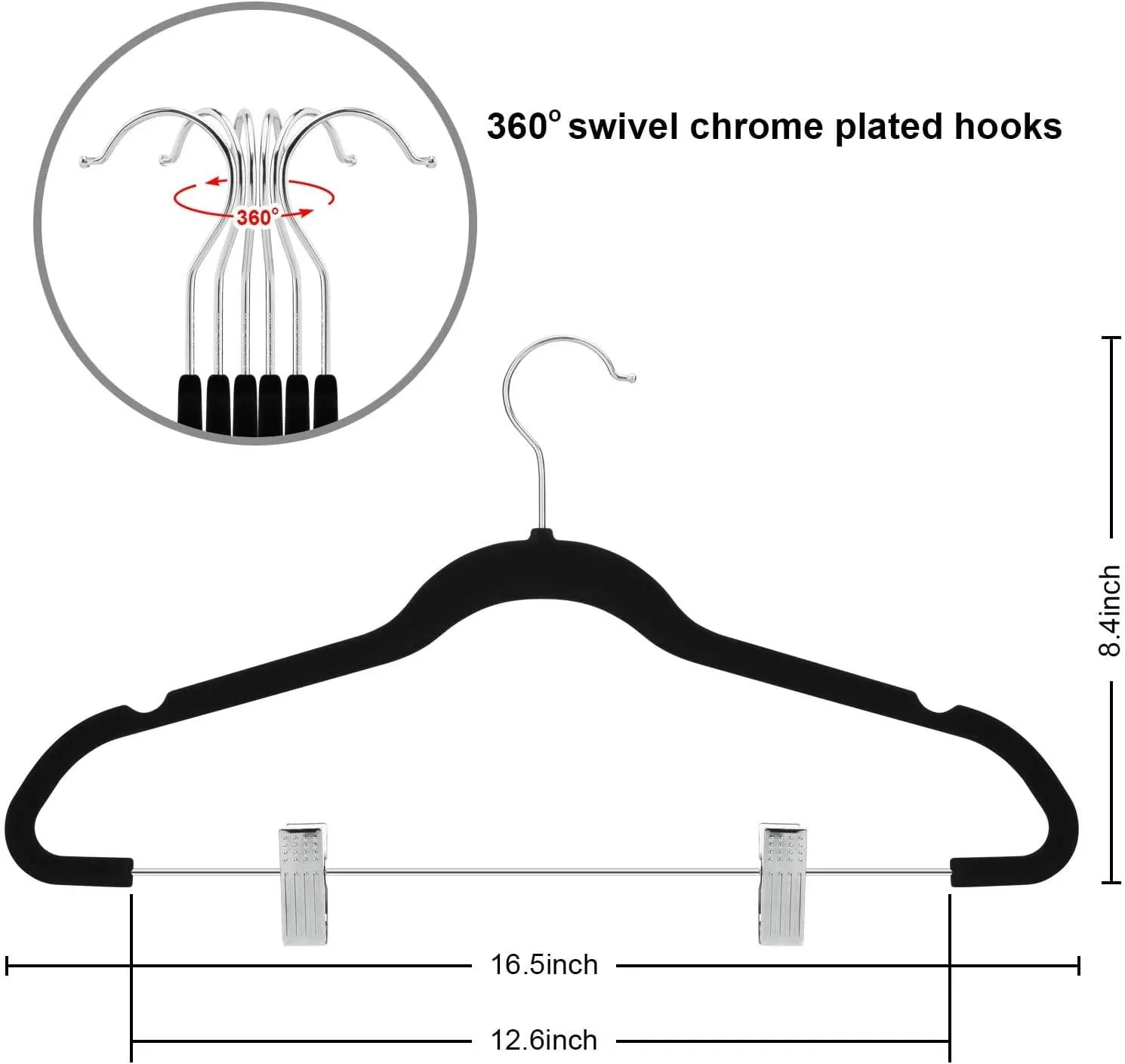 TIMMY Premium Black Velvet Hangers with Clips - 30 Pack Closet Organizers for Jeans, Trousers, Skirts | Rust-Resistant Metal Hooks, Space Saving Design for Wardrobe Storage