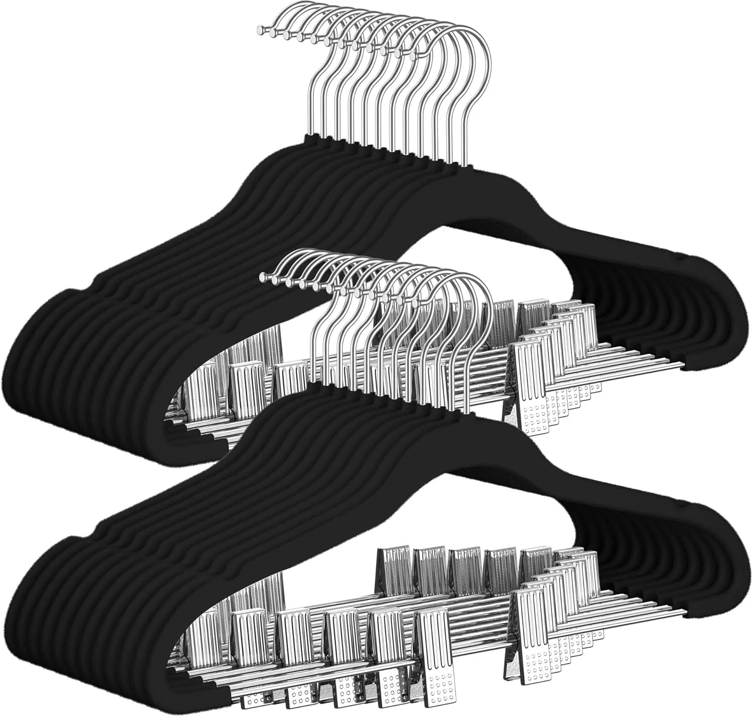 TIMMY Premium Black Velvet Hangers with Clips - 30 Pack Closet Organizers for Jeans, Trousers, Skirts | Rust-Resistant Metal Hooks, Space Saving Design for Wardrobe Storage