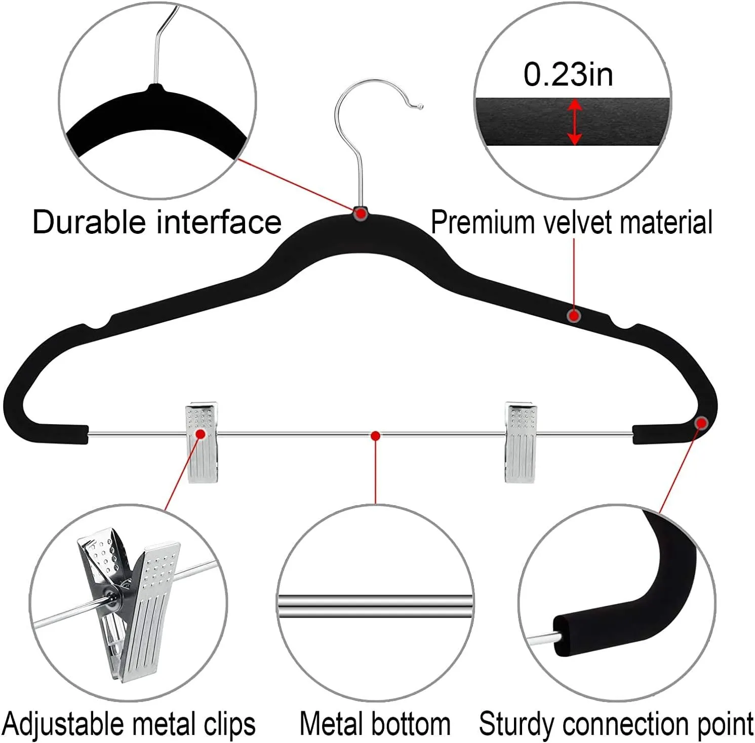 TIMMY Premium Black Velvet Hangers with Clips - 30 Pack Closet Organizers for Jeans, Trousers, Skirts | Rust-Resistant Metal Hooks, Space Saving Design for Wardrobe Storage