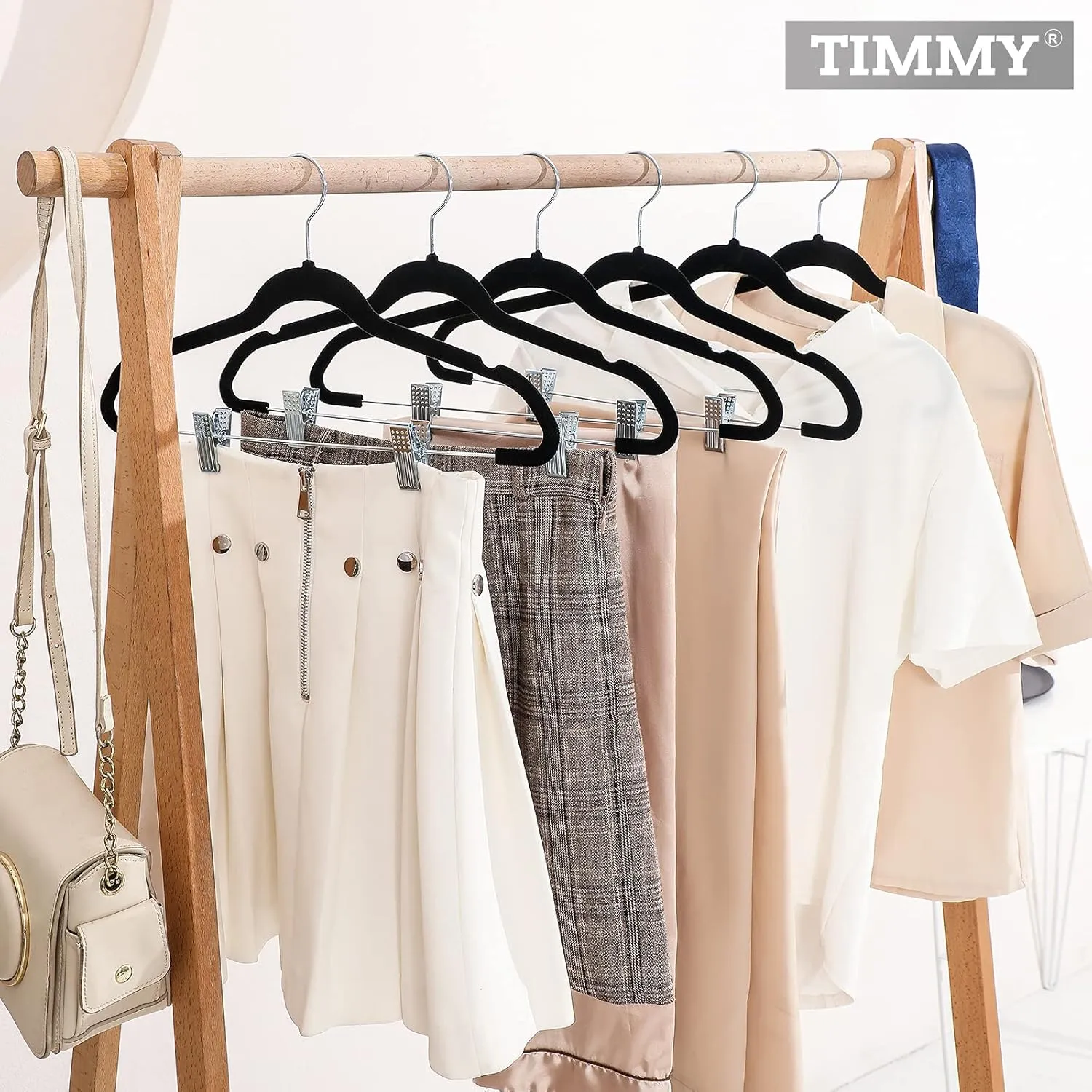 TIMMY Premium Black Velvet Hangers with Clips - 30 Pack Closet Organizers for Jeans, Trousers, Skirts | Rust-Resistant Metal Hooks, Space Saving Design for Wardrobe Storage