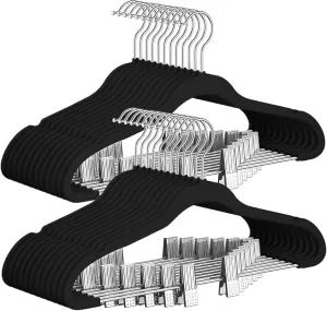 TIMMY Premium Black Velvet Hangers with Clips - 30 Pack Closet Organizers for Jeans, Trousers, Skirts | Rust-Resistant Metal Hooks, Space Saving Design for Wardrobe Storage