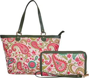 Tote Bag & Wristlet Wallet Combo for Women – Paisley Print with Leather Trim