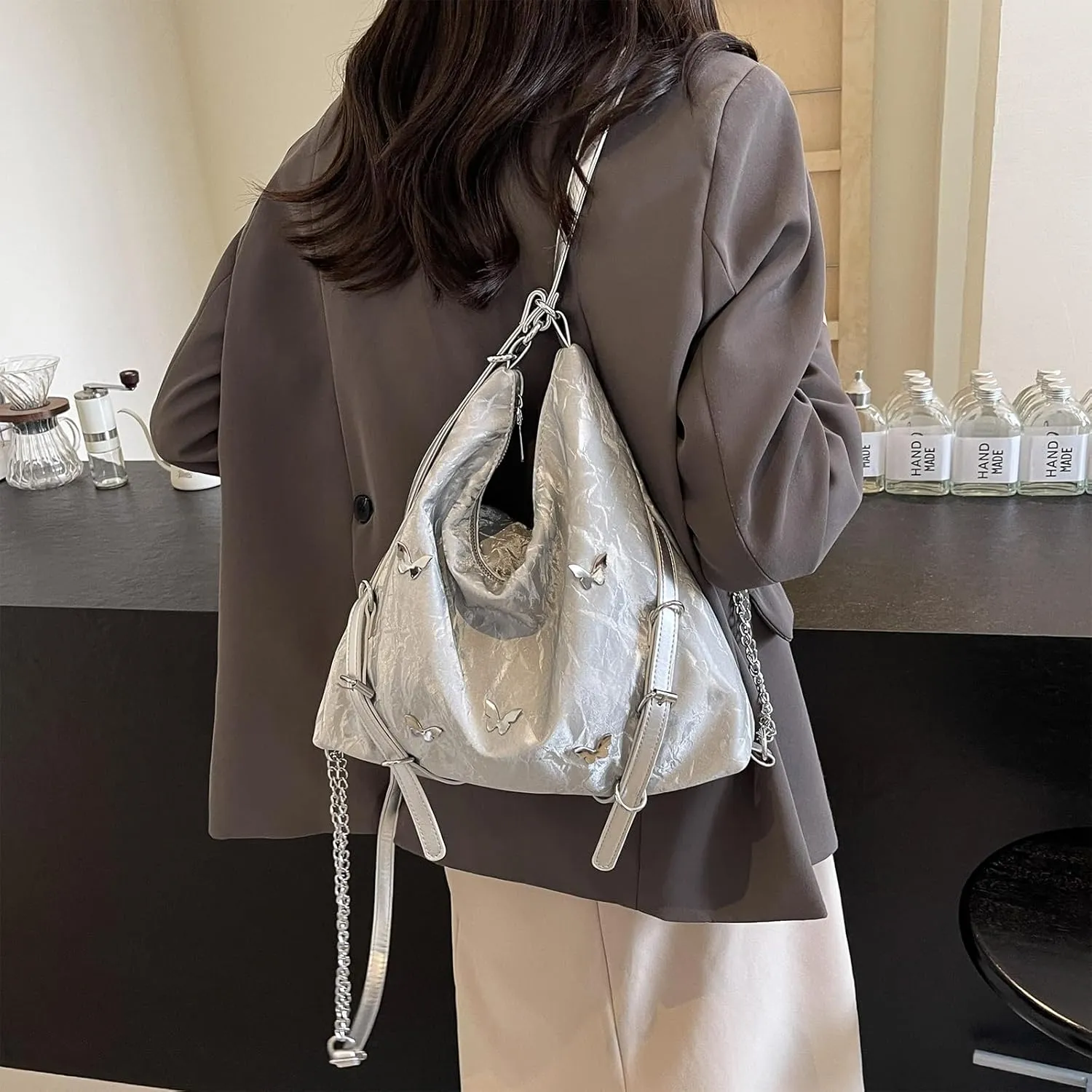Tote Bag For Woman, Fashion PU Velvet Bag with Elegant Butterfly Decoration, Single/Double/Hand Strap Options