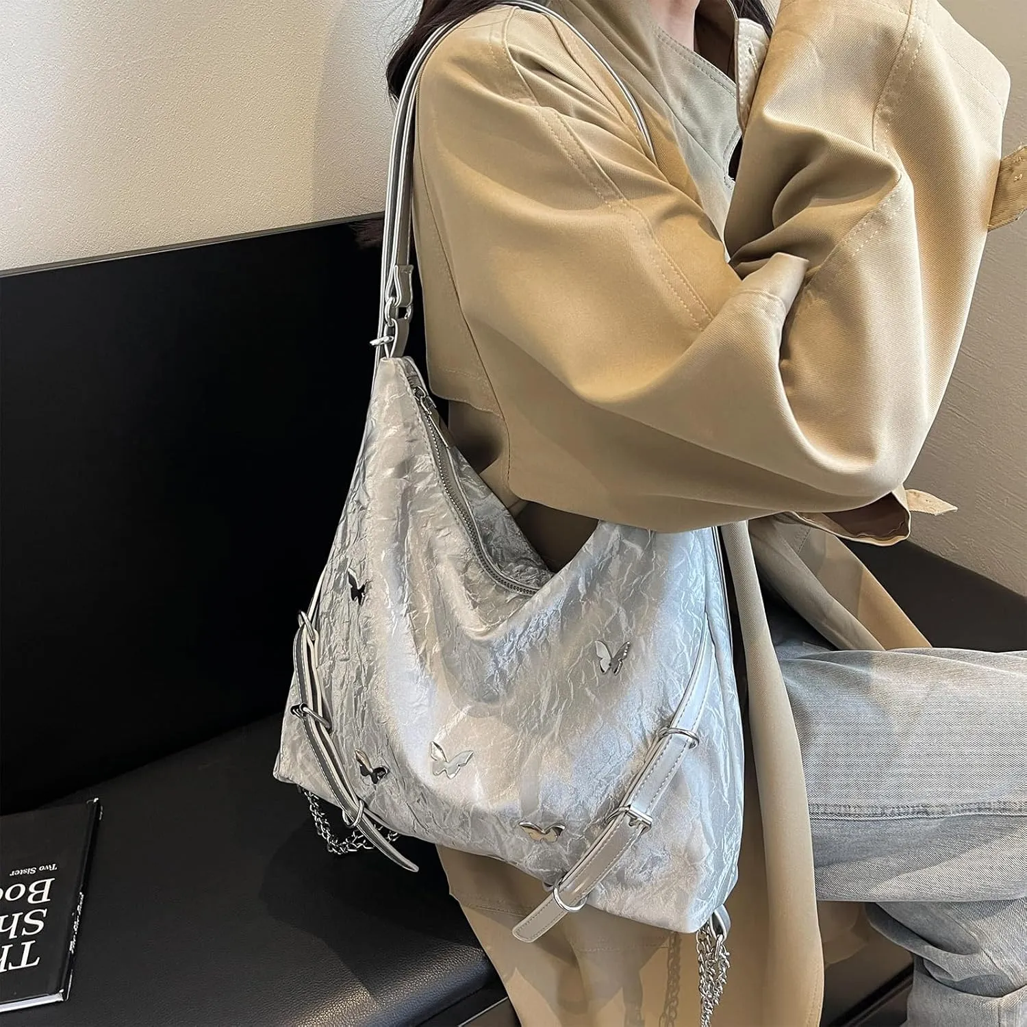 Tote Bag For Woman, Fashion PU Velvet Bag with Elegant Butterfly Decoration, Single/Double/Hand Strap Options