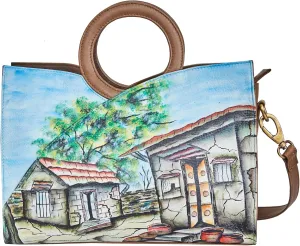 tote bag with hut artwork, detachable and adjustable strap. Size: 9”H x 12”W x 4.75”D, Perfect for daily use.