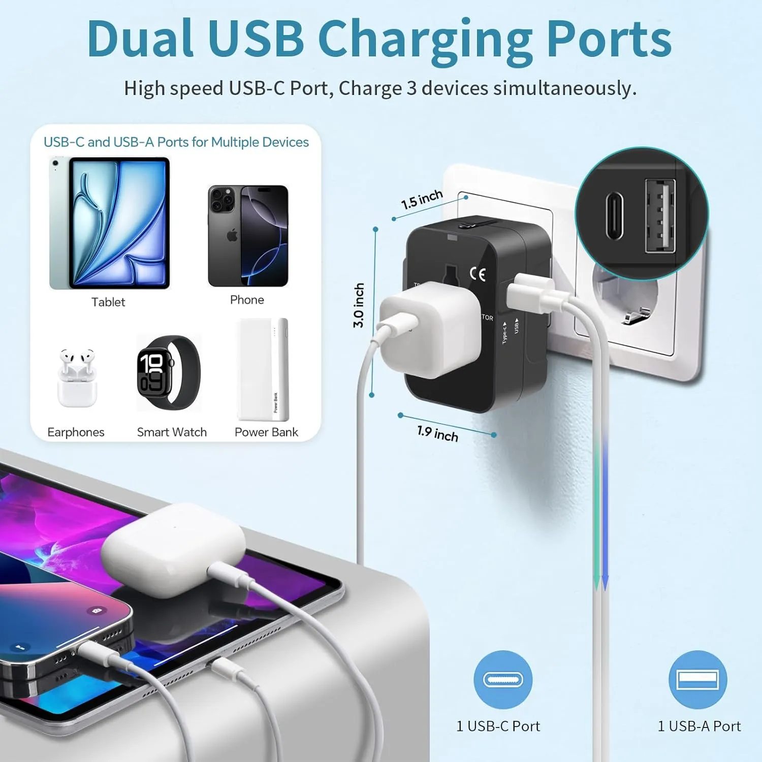 Travel Adapter, Worldwide All in One Universal Travel Adaptor AC Power Plug Adapter Wall Charger with USB-C and USB-A Charging Ports for USA EU UK AUS Black