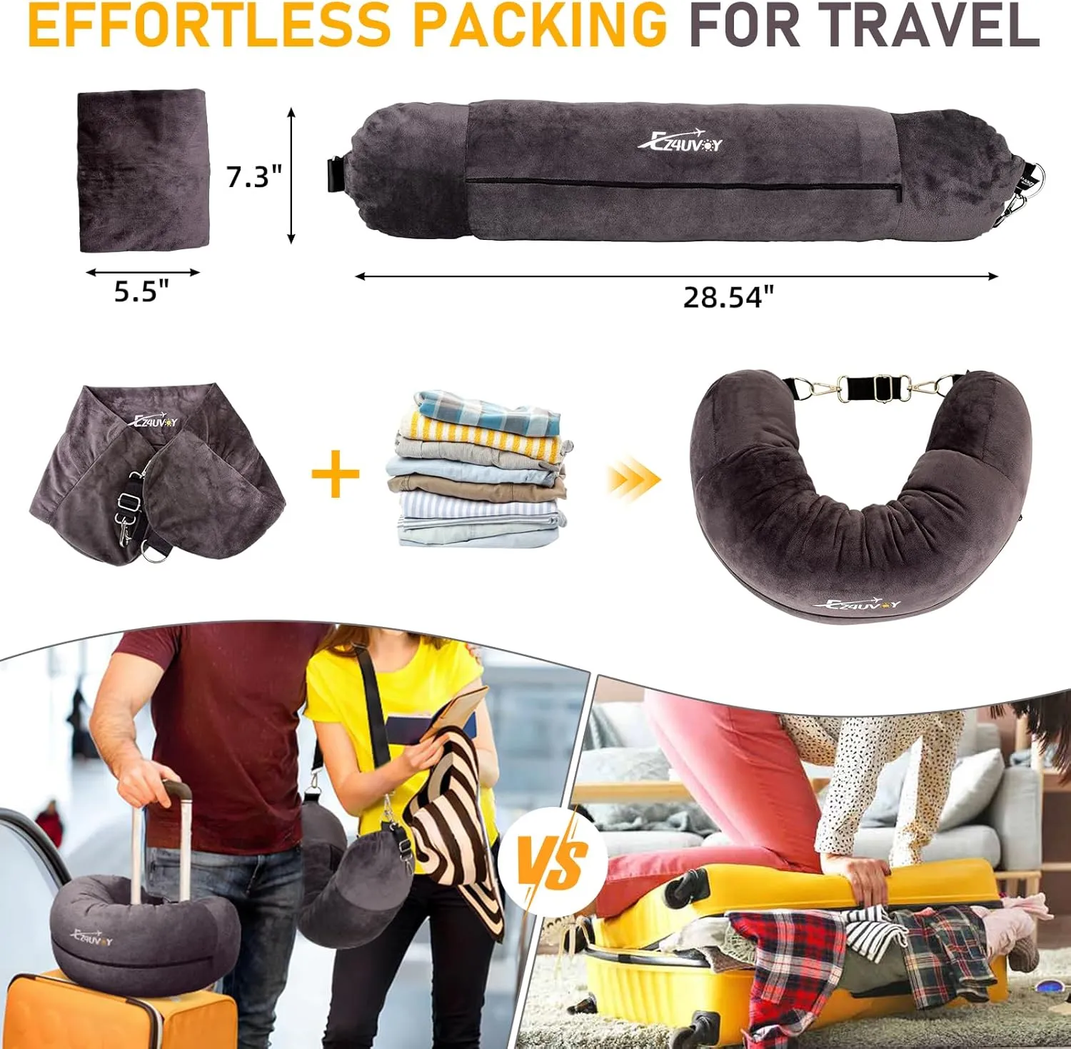 Travel Neck Pillow Stuffable with Clothes, Stuffable Travel Pillow, Packable Fillable Storage Bag for Airplan, Soft Velvet Neck Pillow Case Cover