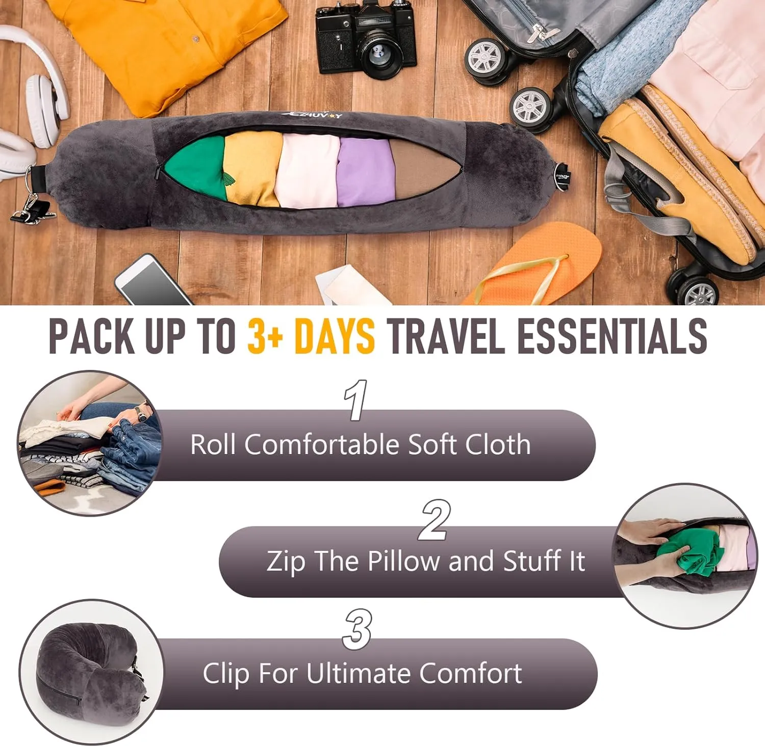 Travel Neck Pillow Stuffable with Clothes, Stuffable Travel Pillow, Packable Fillable Storage Bag for Airplan, Soft Velvet Neck Pillow Case Cover
