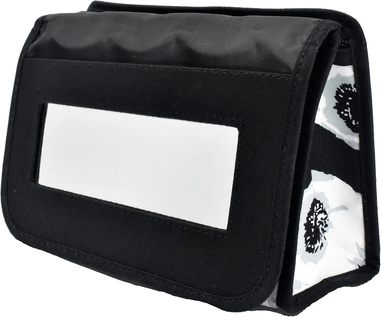 Travel Portable Purse Size Makeup Case Cosmetic Bag with Mirror, Quilted Cotton, Black White Flowers