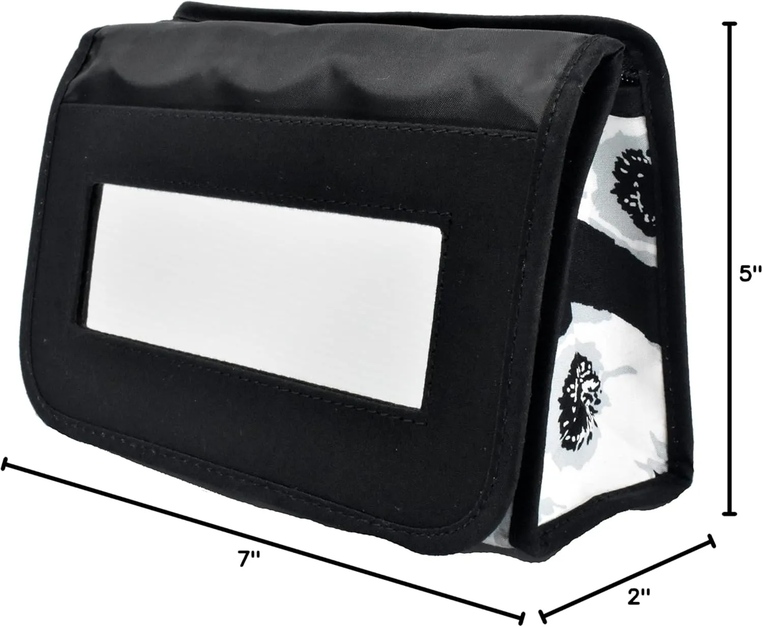 Travel Portable Purse Size Makeup Case Cosmetic Bag with Mirror, Quilted Cotton, Black White Flowers