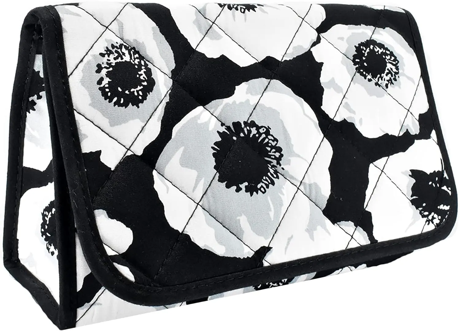 Travel Portable Purse Size Makeup Case Cosmetic Bag with Mirror, Quilted Cotton, Black White Flowers