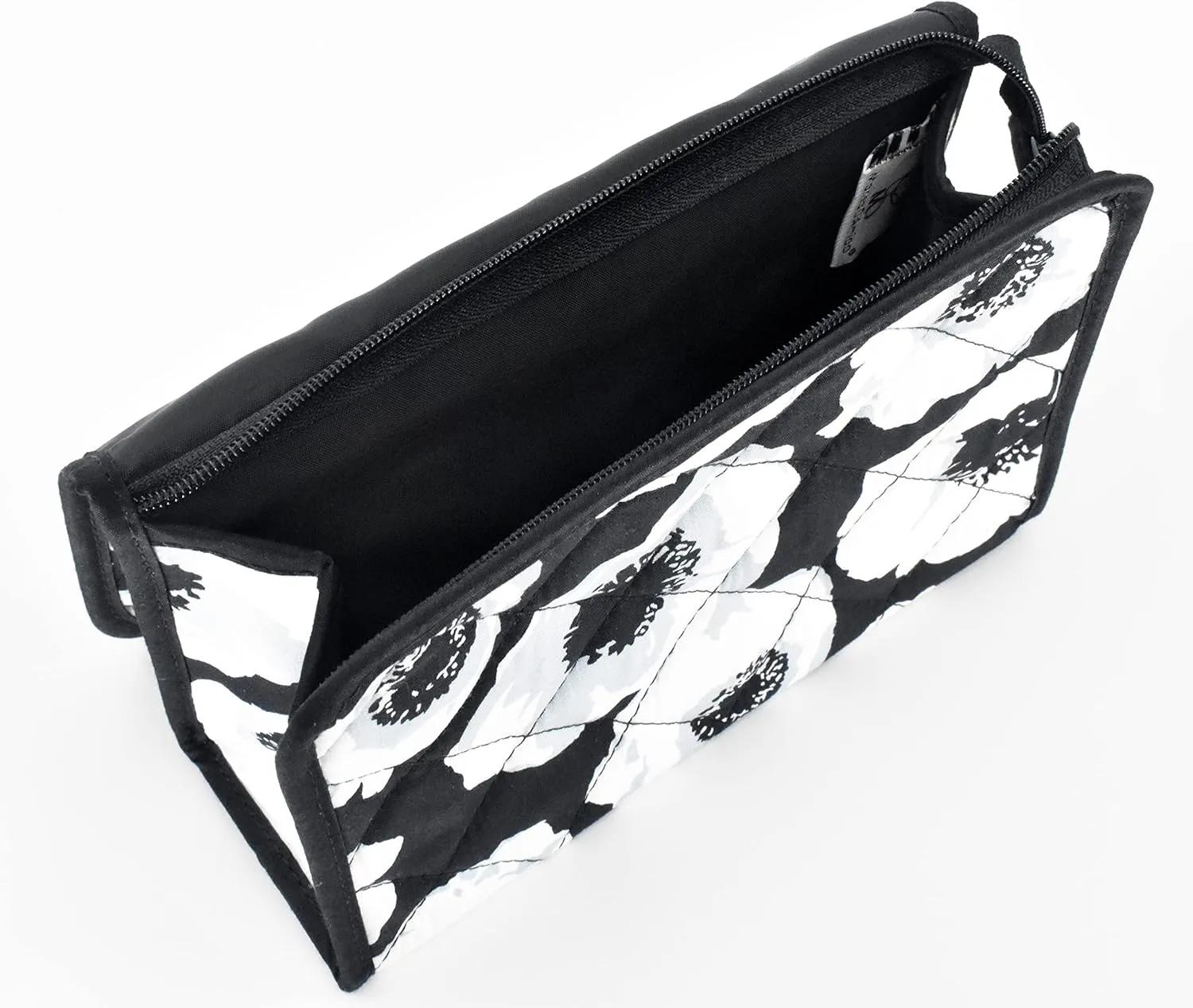 Travel Portable Purse Size Makeup Case Cosmetic Bag with Mirror, Quilted Cotton, Black White Flowers