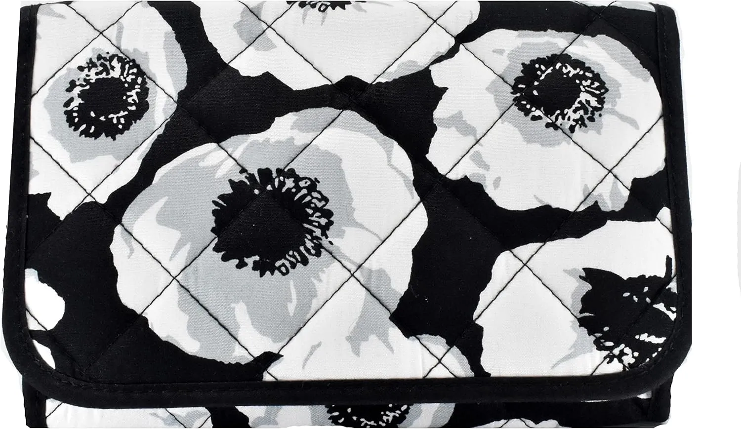 Travel Portable Purse Size Makeup Case Cosmetic Bag with Mirror, Quilted Cotton, Black White Flowers