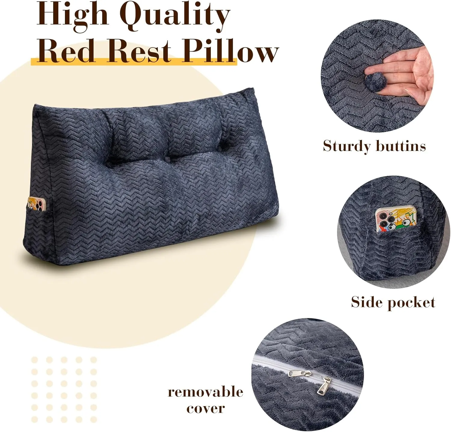 Triangular Headboard Pillow, Twin Size Backrest Wedge Pillow for Headboard Cushion, Removable Cover Bed Rest Positioning Support Couch Bolster Pillow with Pocket for Daybed Reading(lightgrey)