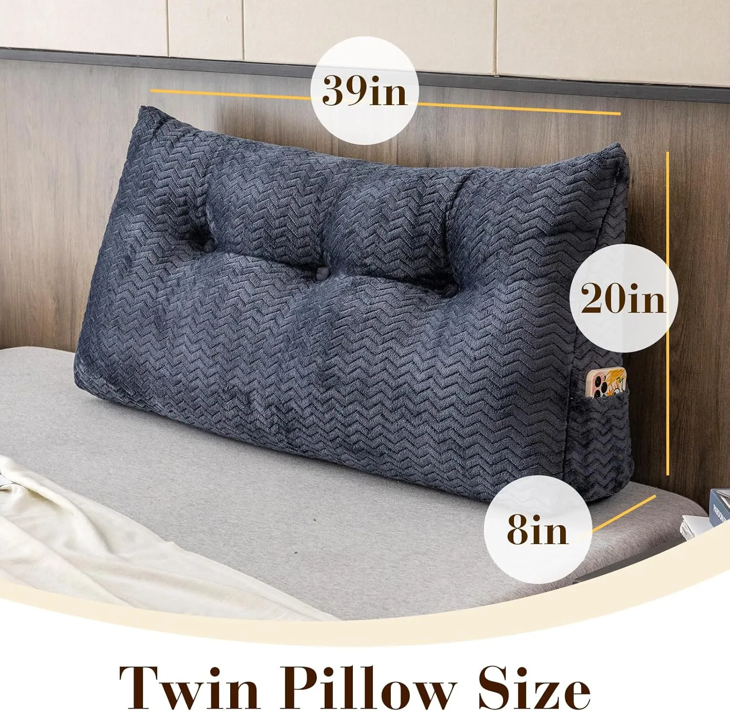 Triangular Headboard Pillow, Twin Size Backrest Wedge Pillow for Headboard Cushion, Removable Cover Bed Rest Positioning Support Couch Bolster Pillow with Pocket for Daybed Reading(lightgrey)