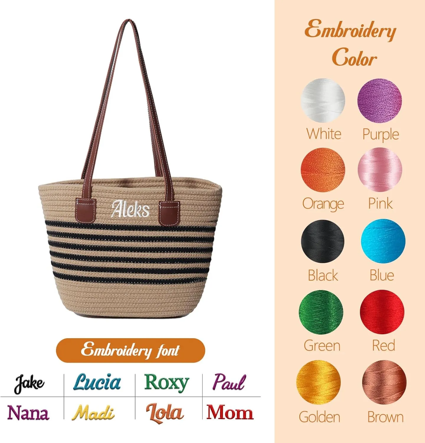 Ulico Personalized Straw Tote Bag for Women,Custom Summer Beach Bag Embroidered Name for Swimming Pools Travel