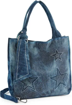 Unique Sparkling Star Dazzle Design Ribbon Washed Denim Tote Handbag