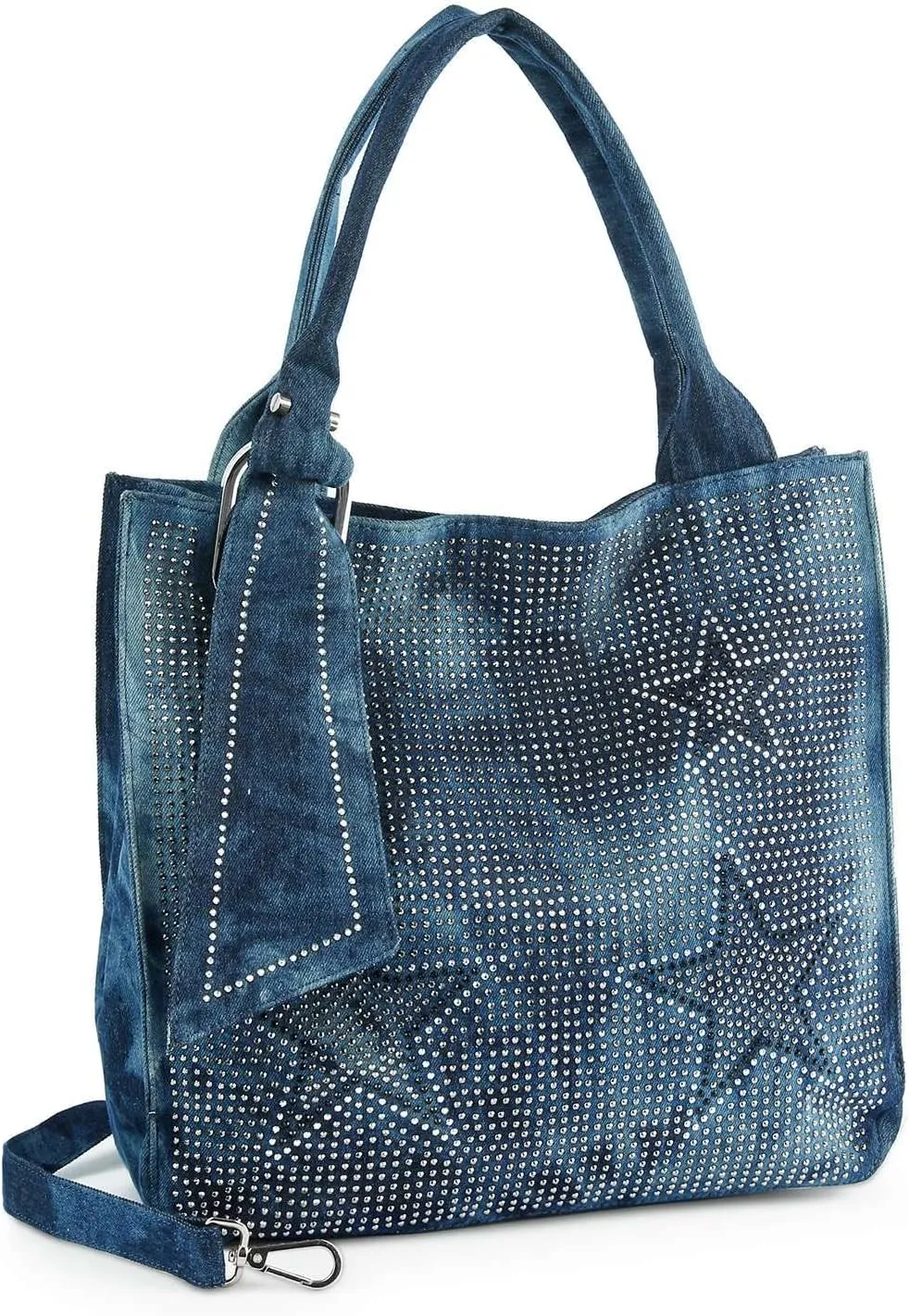 Unique Sparkling Star Dazzle Design Ribbon Washed Denim Tote Handbag