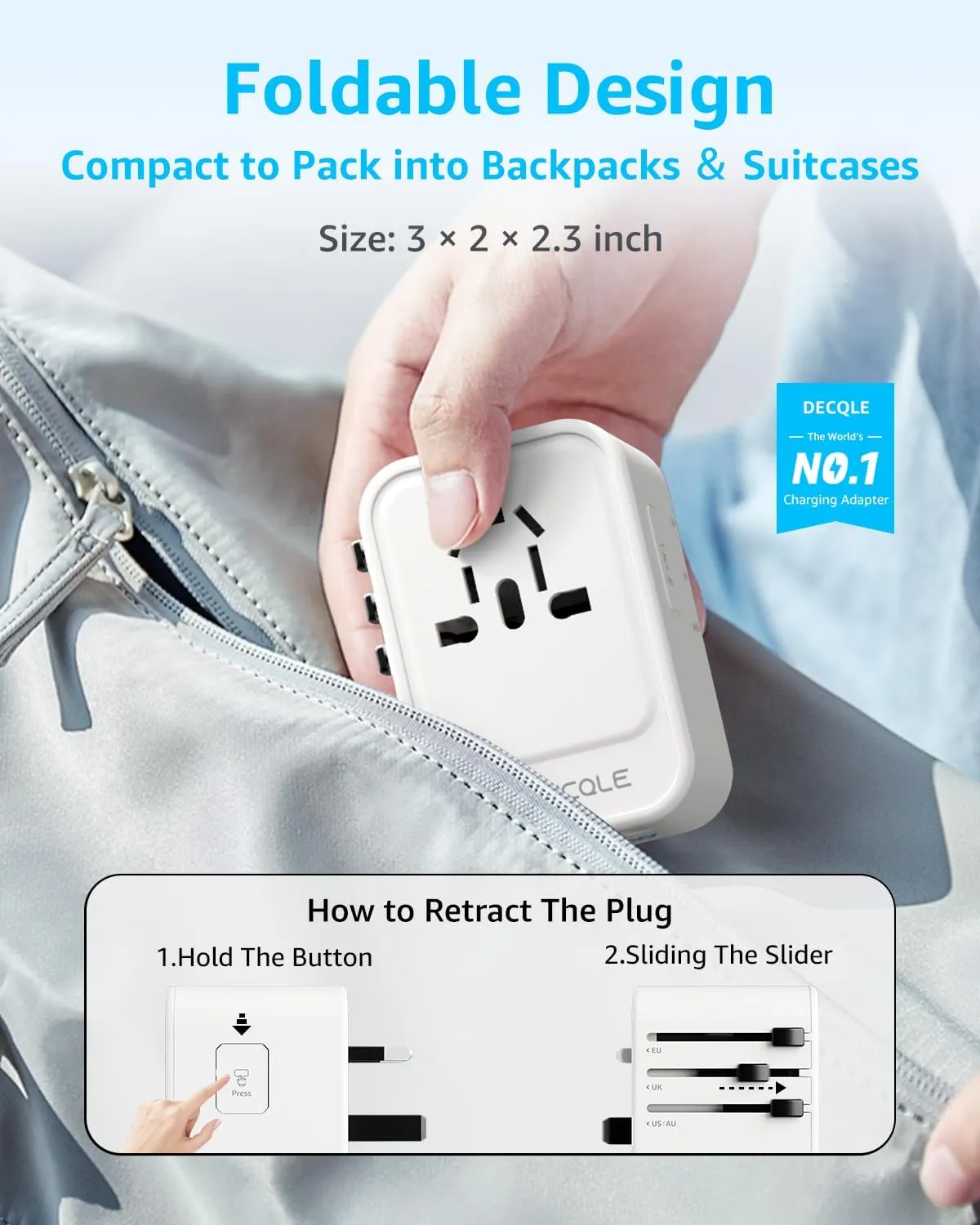 Universal Travel Adapter, International Travel Plug Adapter with 2 USB-C(GaN 45W) ＆ 1 USB-A Ports, All in One Portable Adaptor, for USA, UK, EU, AU ＆ 224  Countries (White) US