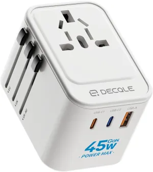 Universal Travel Adapter, International Travel Plug Adapter with 2 USB-C(GaN 45W) ＆ 1 USB-A Ports, All in One Portable Adaptor, for USA, UK, EU, AU ＆ 224  Countries (White) US