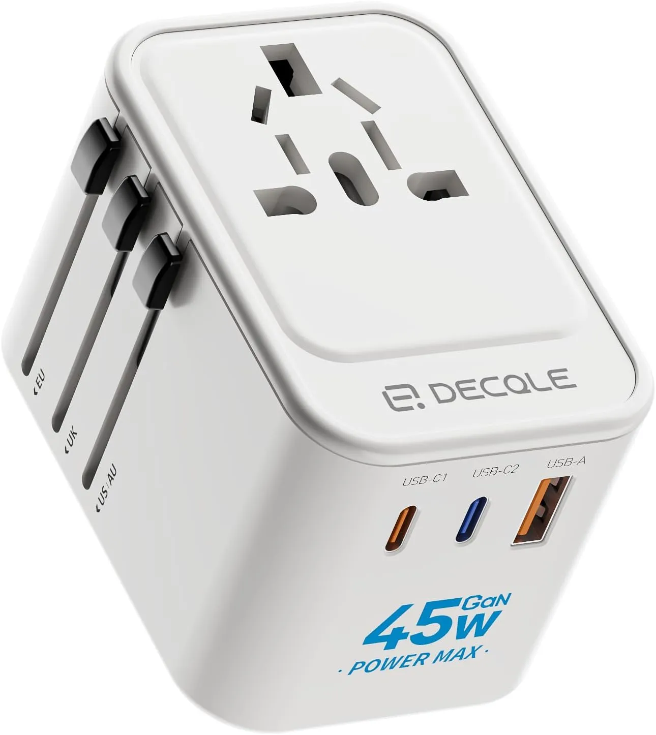 Universal Travel Adapter, International Travel Plug Adapter with 2 USB-C(GaN 45W) ＆ 1 USB-A Ports, All in One Portable Adaptor, for USA, UK, EU, AU ＆ 224  Countries (White) US