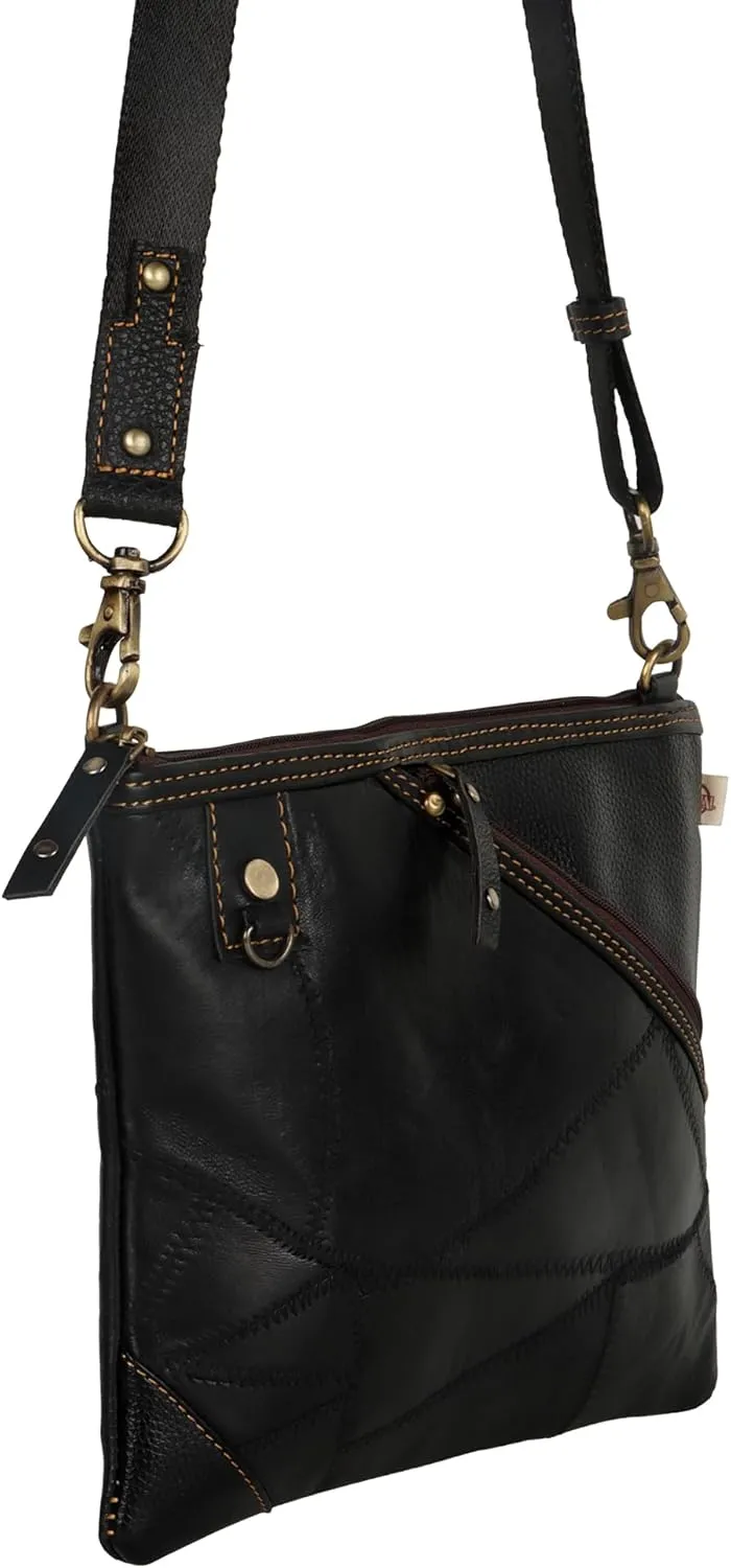 Vaan & Co. Grayson Wide Crossbody Bag – Upcycled Genuine Leather Purse with Top Flap & Tassel