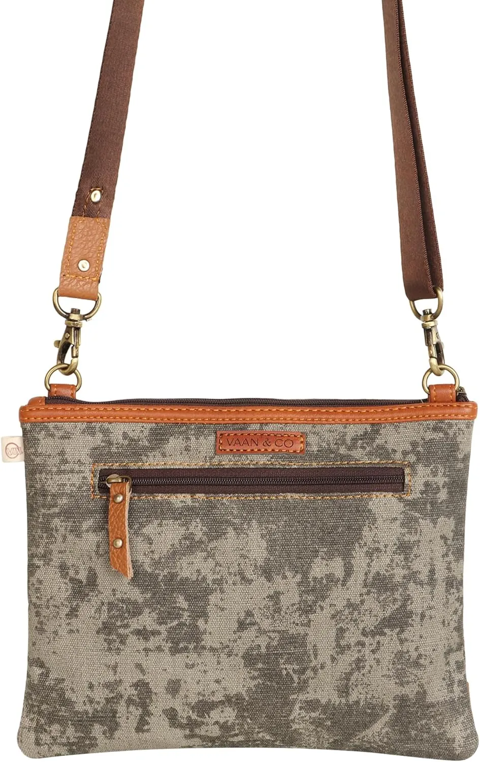 Vaan & Co. Grayson Wide Crossbody Bag – Upcycled Genuine Leather Purse with Top Flap & Tassel