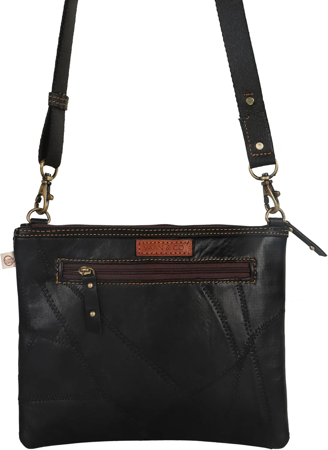 Vaan & Co. Grayson Wide Crossbody Bag – Upcycled Genuine Leather Purse with Top Flap & Tassel