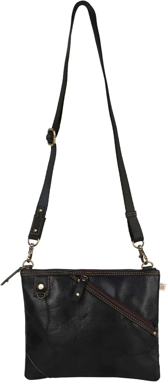 Vaan & Co. Grayson Wide Crossbody Bag – Upcycled Genuine Leather Purse with Top Flap & Tassel