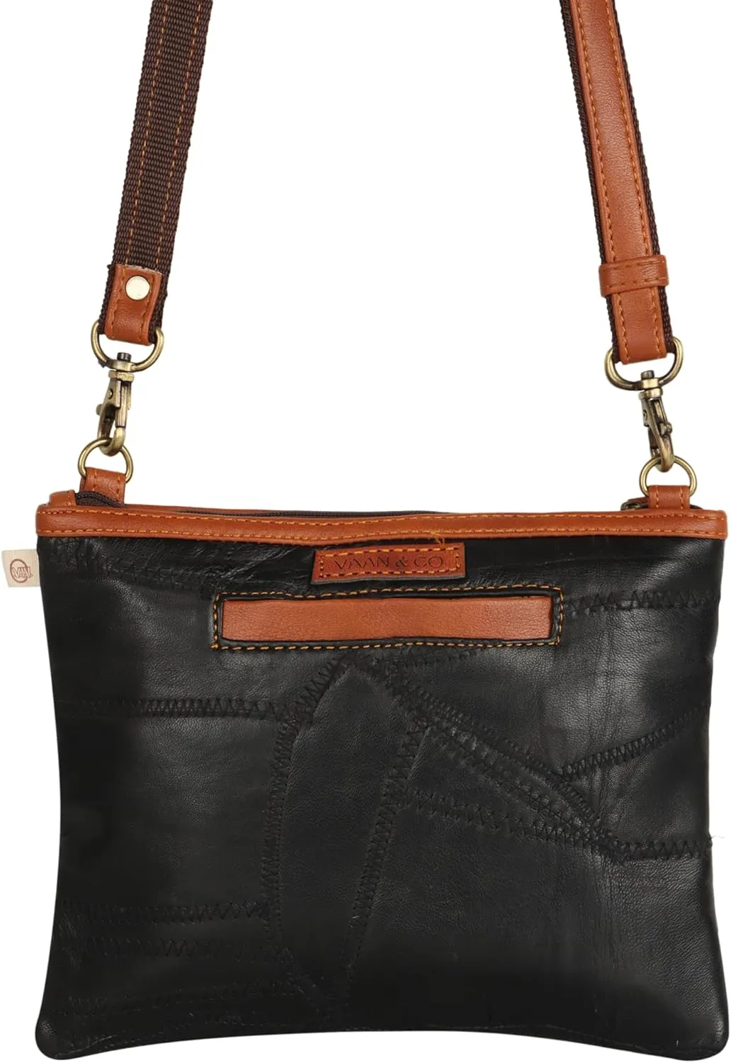 Vaan & Co. Grayson Wide Crossbody Bag – Upcycled Genuine Leather Purse with Top Flap & Tassel