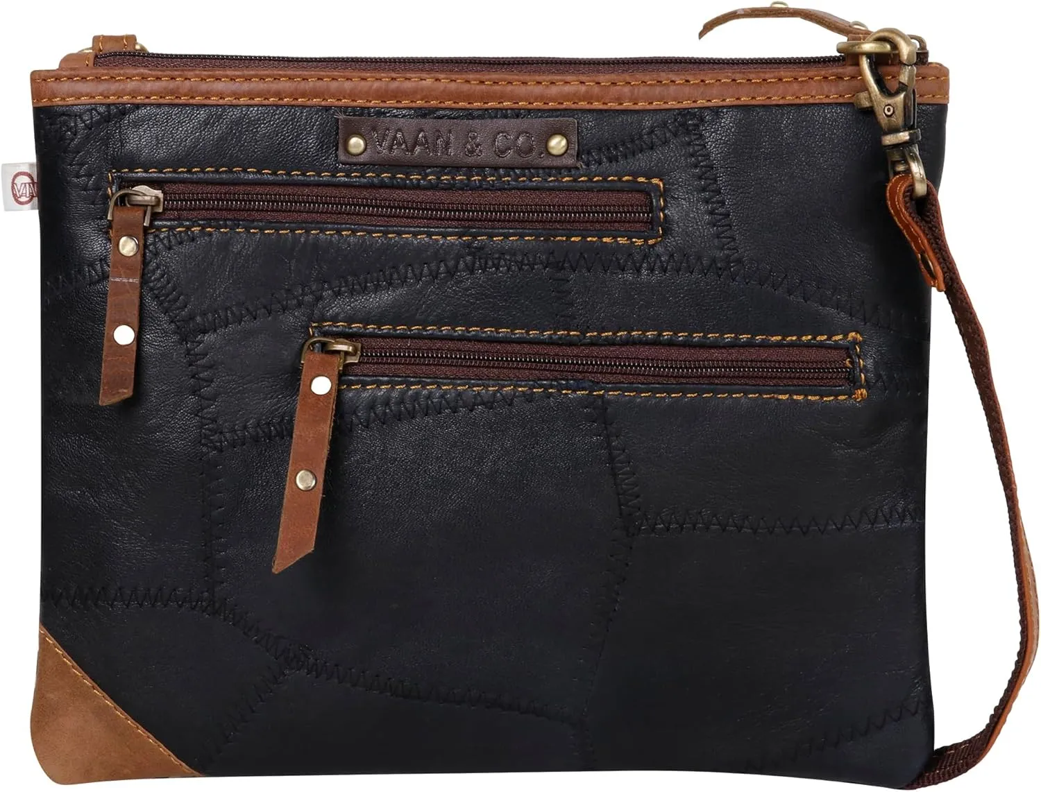 Vaan & Co. Grayson Wide Crossbody Bag – Upcycled Genuine Leather Purse with Top Flap & Tassel