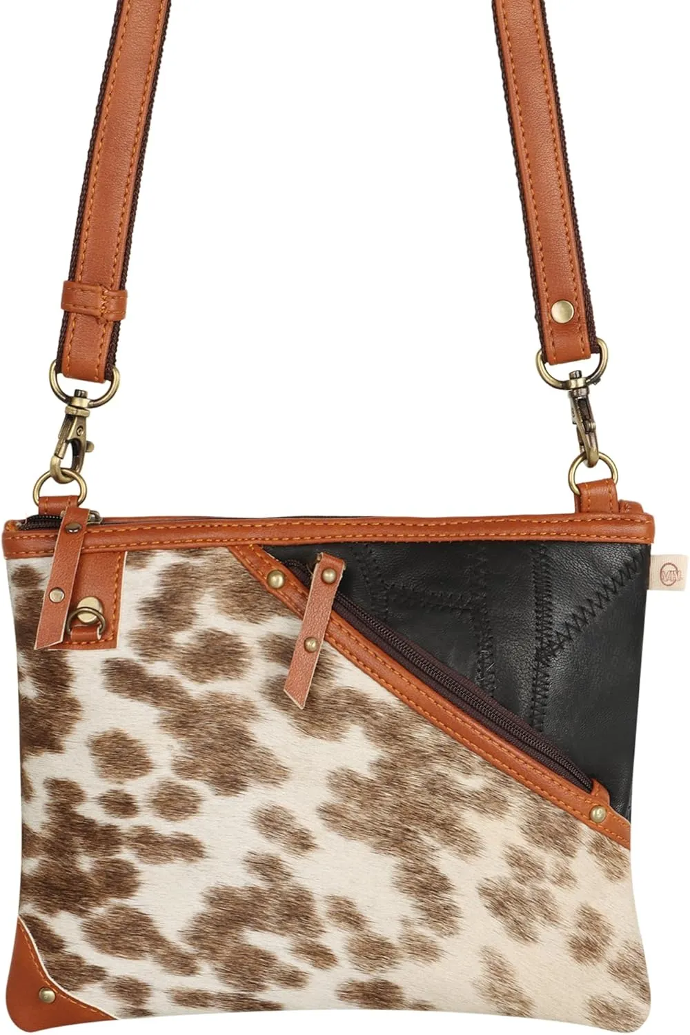 Vaan & Co. Grayson Wide Crossbody Bag – Upcycled Genuine Leather Purse with Top Flap & Tassel