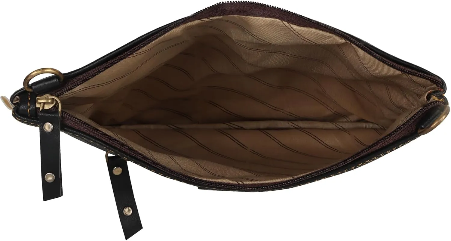 Vaan & Co. Grayson Wide Crossbody Bag – Upcycled Genuine Leather Purse with Top Flap & Tassel
