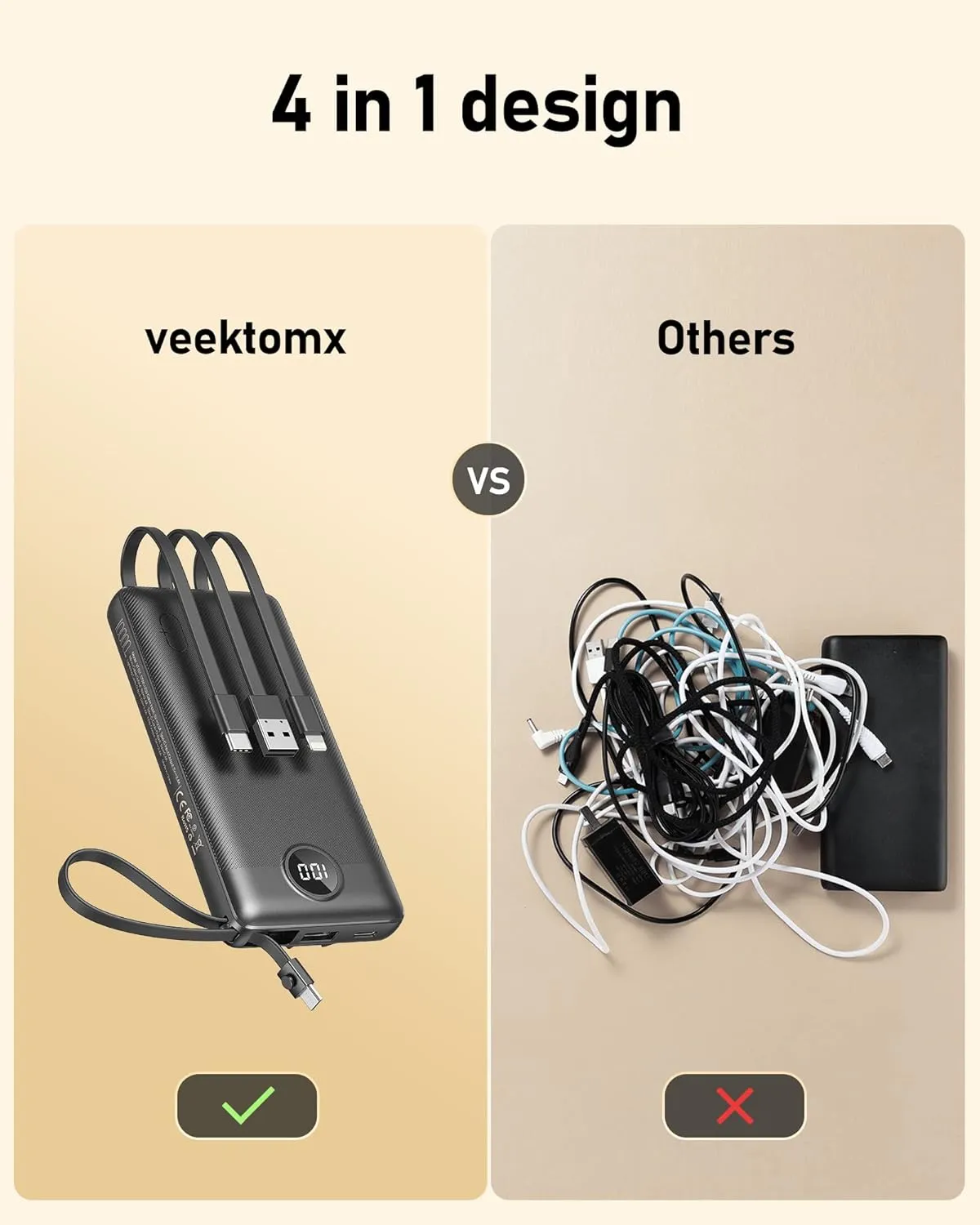 VEEKTOMX Portable Charger with Built-in Cables 10000mAh Power Bank for iPhone Slim Fast Charge USB C Battery Pack Travel Essentials Powerbank Compatible with iPhone, Samsung, Android, etc