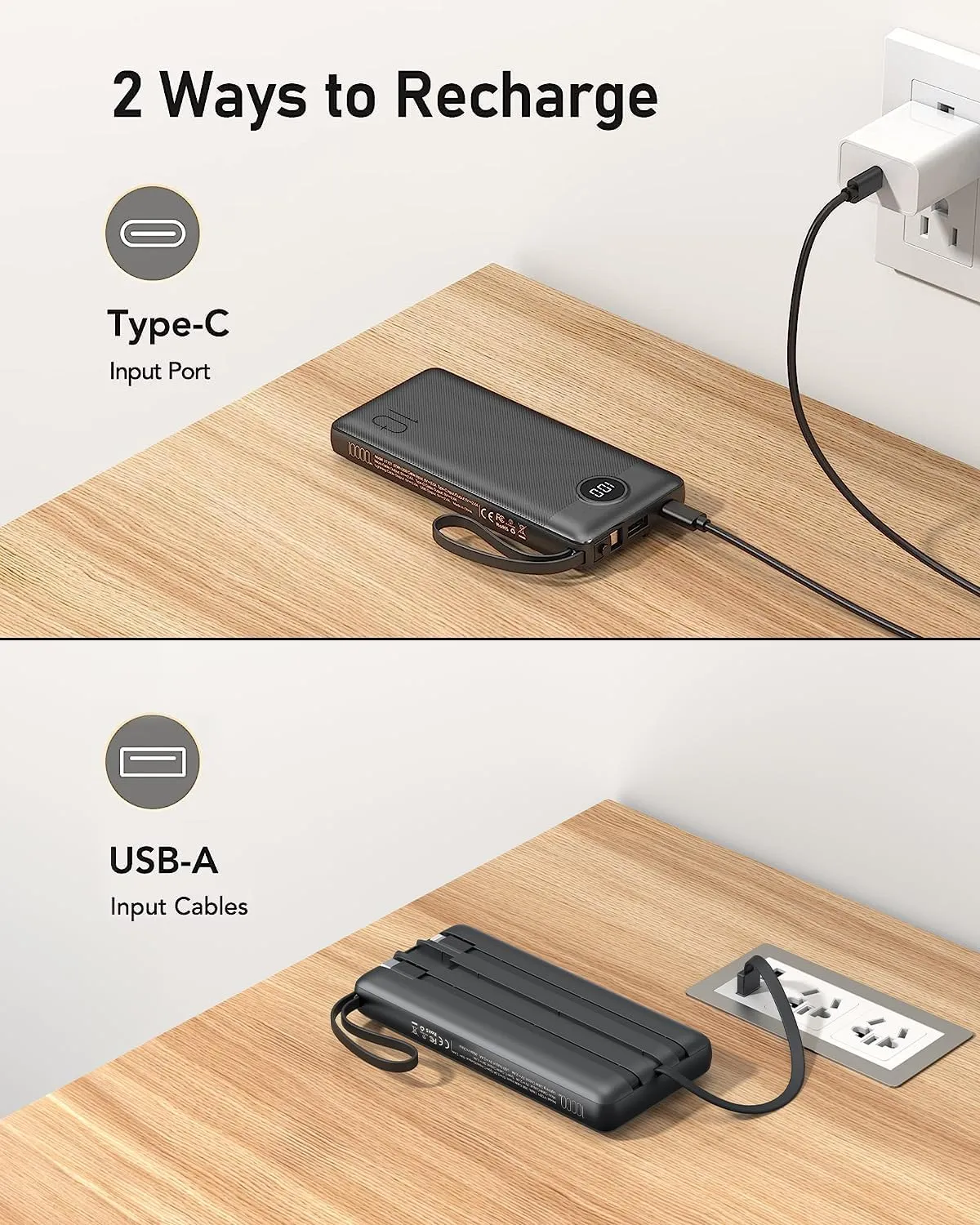 VEEKTOMX Portable Charger with Built-in Cables 10000mAh Power Bank for iPhone Slim Fast Charge USB C Battery Pack Travel Essentials Powerbank Compatible with iPhone, Samsung, Android, etc