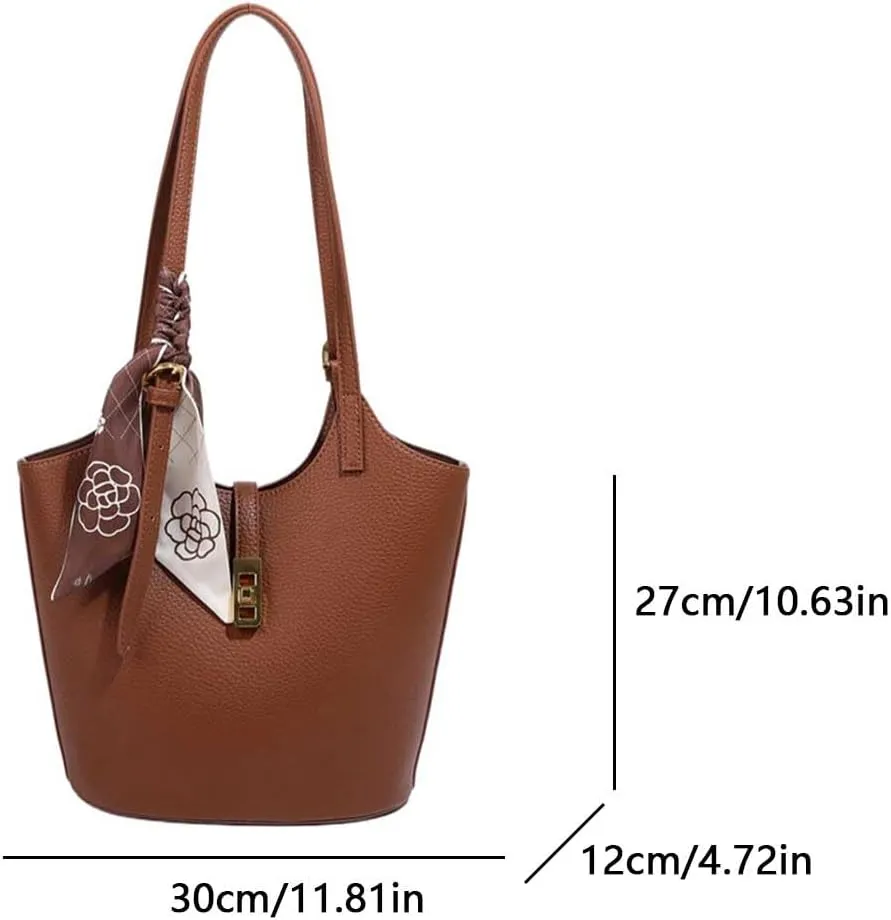 Vegan Leather Bucket Bags for Women Trendy Vintage Hobo Bag Designer Handbags for Women Tote Shoulder Bag with Silk Pouch