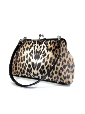 Velvet Leopard Kisslock Shoulder Bag, Vintage Style Purse, 1950s Fashion Bag, Gift for Her, Rockabilly Purse, Pinup Bag (24 Inch Shoulder Strap)
