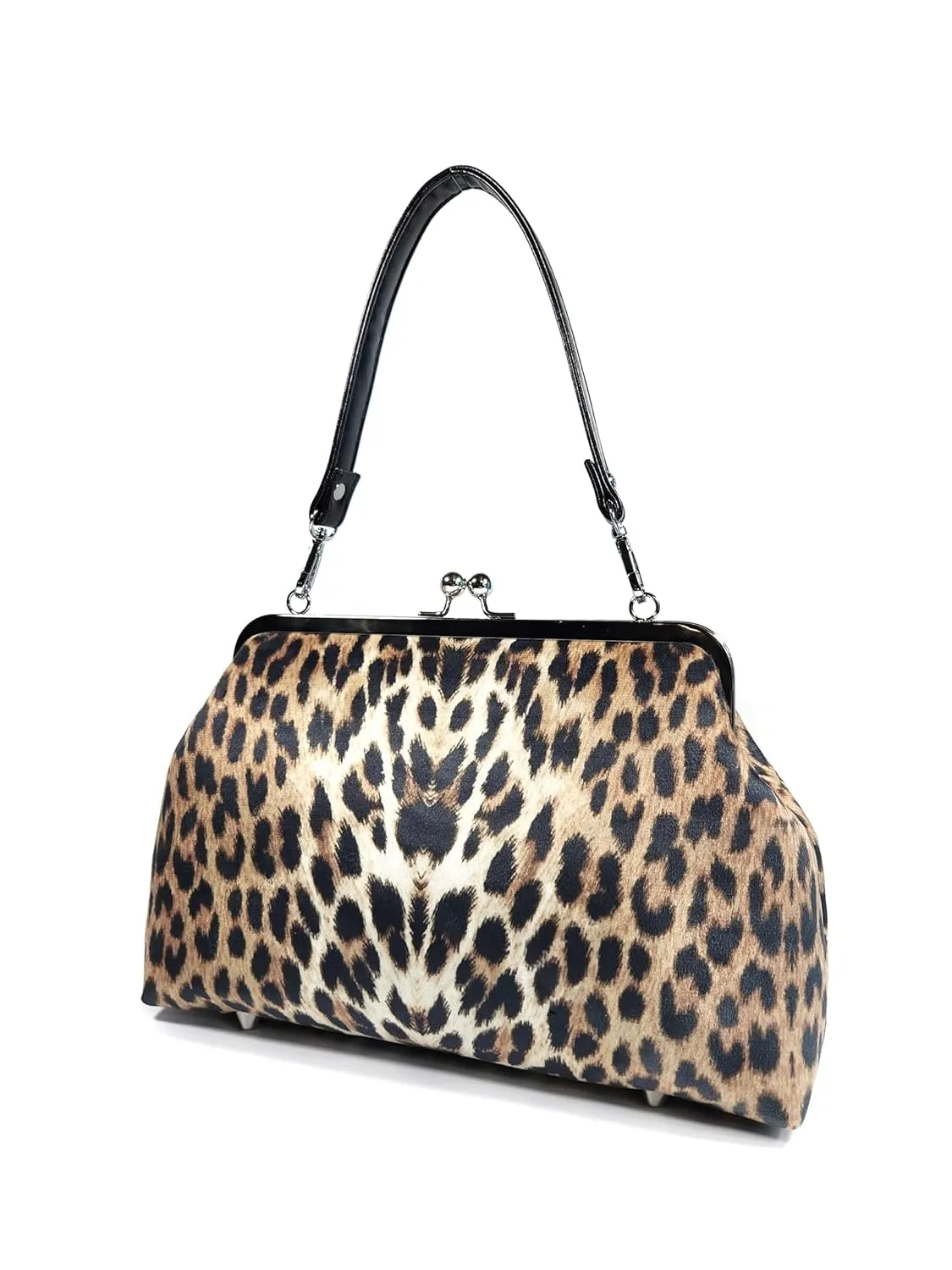 Velvet Leopard Kisslock Shoulder Bag, Vintage Style Purse, 1950s Fashion Bag, Gift for Her, Rockabilly Purse, Pinup Bag (24 Inch Shoulder Strap)