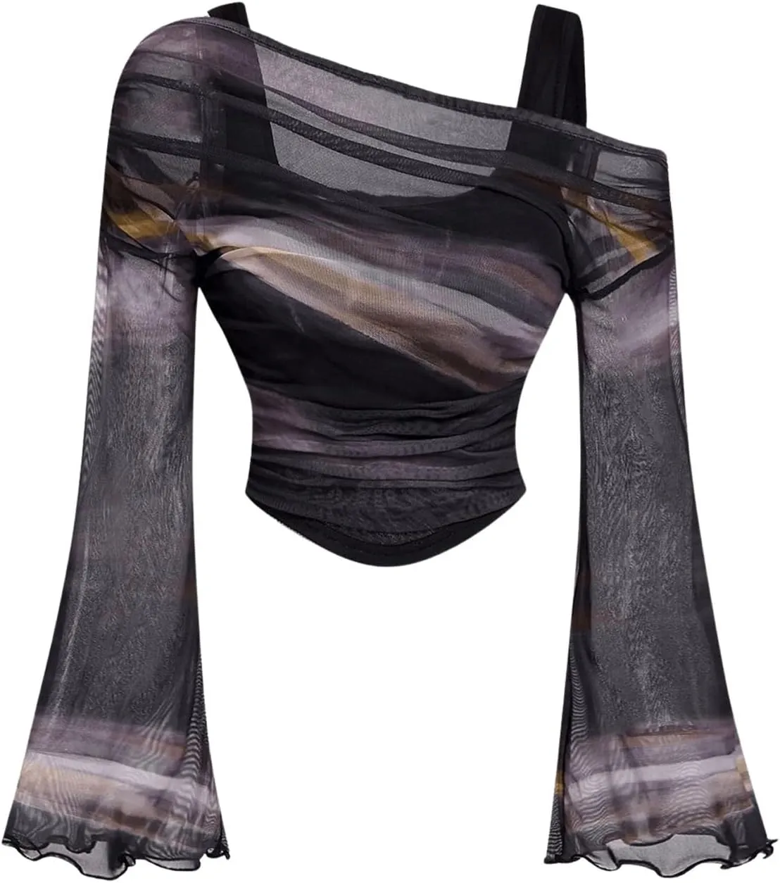 Verdusa Women's Y2k Off Shoulder Tops Tie Dye Mesh Long Flared Sleeve Ruched Crop Shirt Top