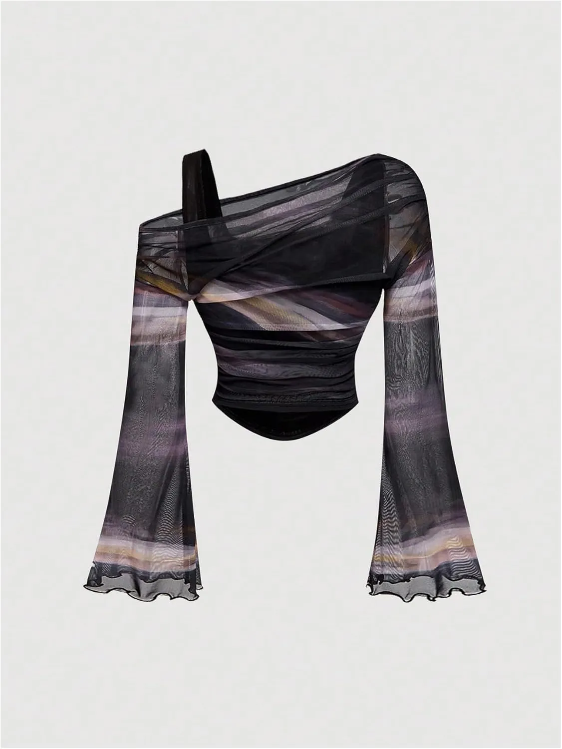 Verdusa Women's Y2k Off Shoulder Tops Tie Dye Mesh Long Flared Sleeve Ruched Crop Shirt Top